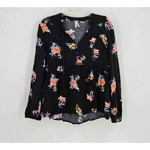 Mudd Floral Peasant Blouse V-Neck w/Tassels Long Sleeves Elastic Cuffs Sz Large